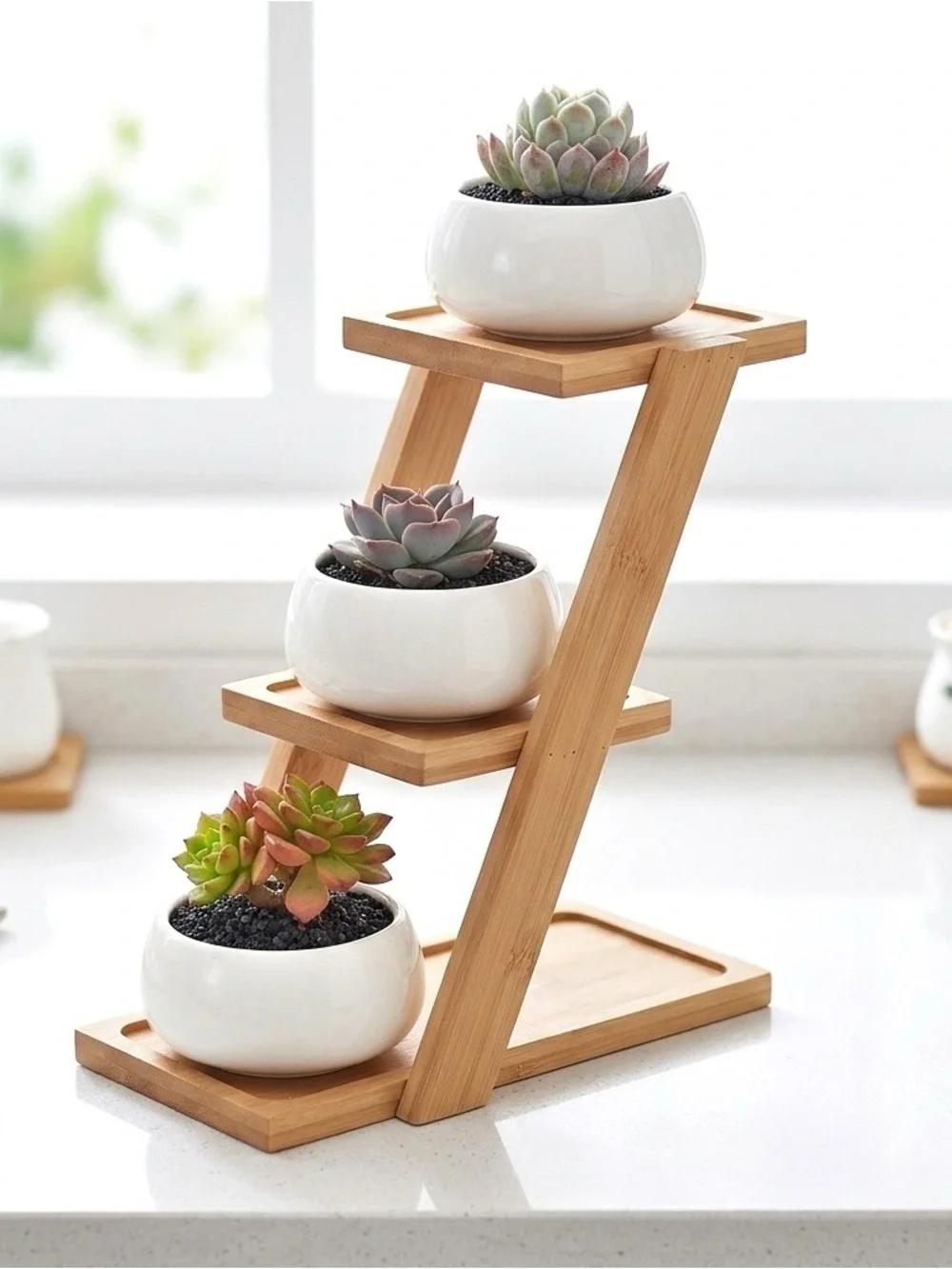 Three Tiered Bamboo Plant Stand with 3 Mini Ceramic Pots Minimalist Hygge Decor